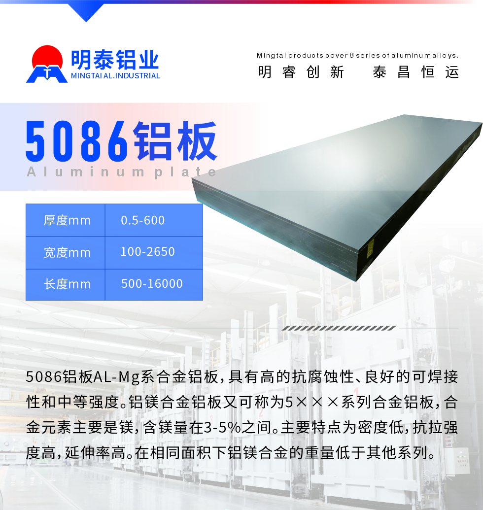 產品介紹
　　5086鋁板AL-Mg系合金鋁板，具有高的抗腐蝕性、良好的可焊接性和中等強度。鋁鎂合金鋁板又可稱為5×××系列合金鋁板，合金元素主要是鎂，含鎂量在3-5%之間。主要特點為密度低，抗拉強度高，延伸率高。在相同面積下鋁鎂合金的重量低于其他系列。
