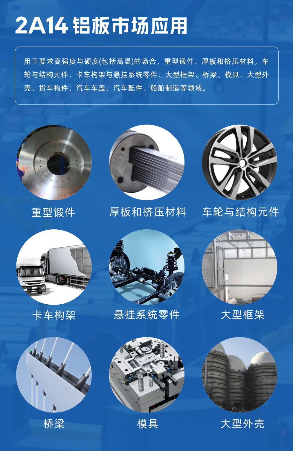 2A14鋁板市場應用：

用于要求高強度與硬度(包括高溫)的場合，重型鍛件、厚板和擠壓材料，車輪與結構元件，卡車構架與懸掛系統零件、大型框架、橋梁、模具、大型外殼、貨車構件、汽車車蓋、汽車配件、船舶制造等領域。
