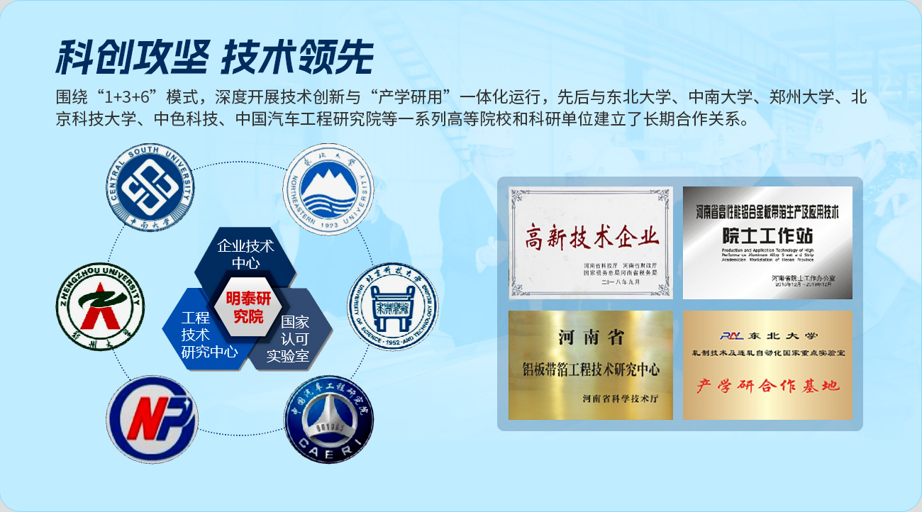 科創攻堅 技術領先,圍繞“1+3+6”模式，深度開展技術創新與“產學研用”一體化運行，先后與東北大學、中南大學、鄭州大學、北京科技大學、中色科技、中國汽車工程研究院等一系列高等院校和科研單位建立了長期合作關系。
